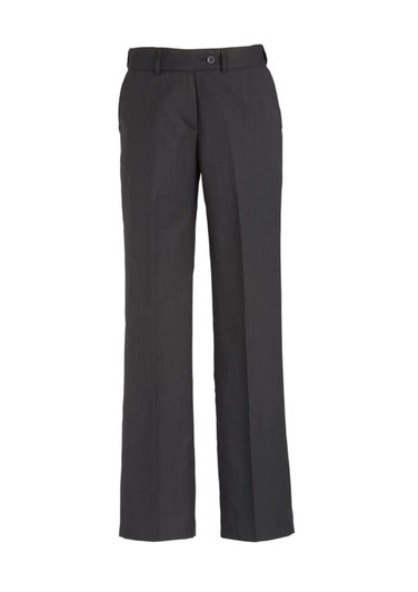 Grey women's adjustable waist slacks with a straight leg style, featuring pockets and a button closure.
