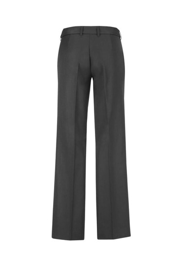 A pair of grey womens adjustable waist slacks with a straight leg design, featuring a back view.