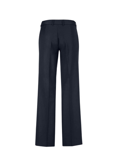 A pair of navy women's slacks with an adjustable waist, featuring a straight leg design and a logo on the waistband.