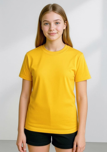 A yellow short sleeve t-shirt displayed on a model, featuring a simple design and classical fit.