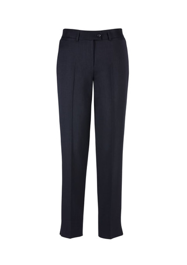 Navy women's slim leg pants with a button closure, featuring a sleek design and side pockets. Includes a logo.