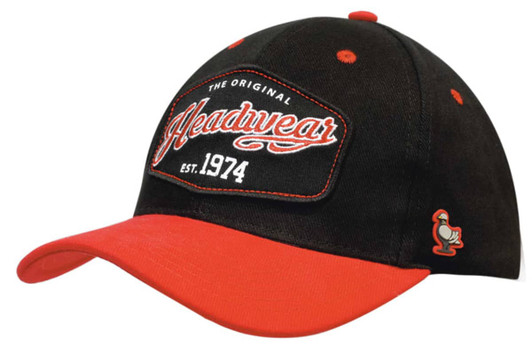 A black and red cap featuring an embroidered logo and a curved peak. It has a branding logo on the side.