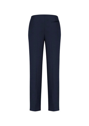 Navy blue women's slim leg pants with a bandless design and a single back pocket. Includes a logo.