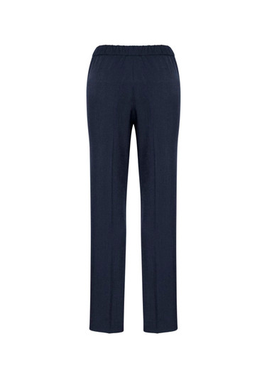 A pair of navy blue women's ultra comfort waist pants with an elastic waistband, featuring a simple design and no embellishments.