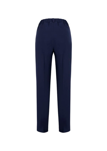Bandless elastic waist women's pants in navy blue with a single back pocket and a regular fit. Features a logo.