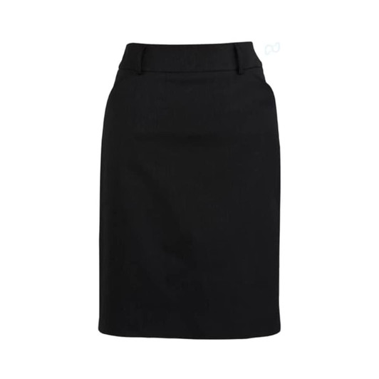 A black multi-pleat skirt with a fitted waistband, featuring a logo. Suitable for various occasions.