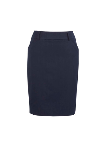 A women's cool stretch multi-pleat skirt in navy blue with a tailored design and pockets. It has a logo.