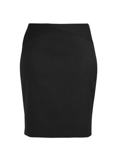 A black stretch skirt featuring a chevron band design, suitable for women's wear in the bottoms category.