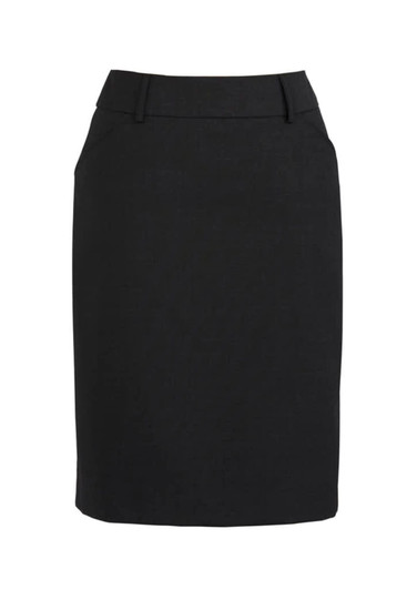 A black wool stretch skirt with a multi-pleat design and pockets, featuring a waistband and a sleek silhouette.