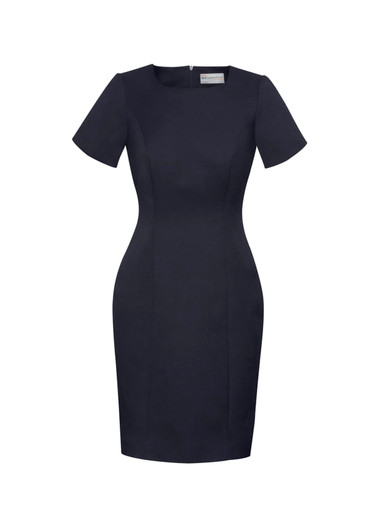 A fitted women's short sleeve shift dress in navy blue with a crew neckline and a tailored design.