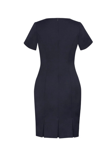 A navy short sleeve shift dress with a fitted silhouette and back zip, featuring slit details at the hem.