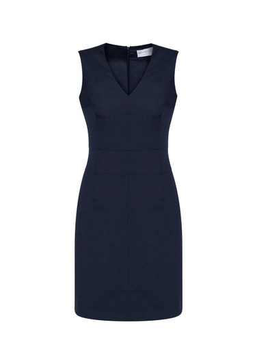 A sleeveless, navy blue V-neck dress with a fitted silhouette and a zip closure at the back, featuring a logo.