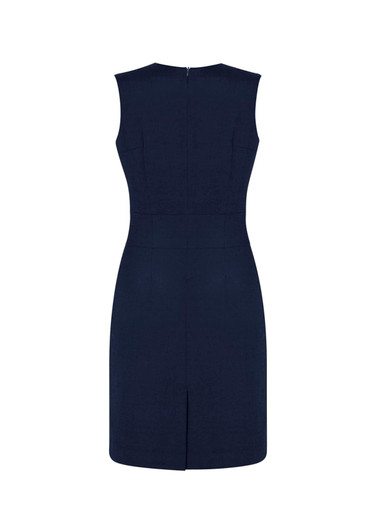 A navy sleeveless V-neck dress with a fitted silhouette and a back zipper, featuring a centre back vent.