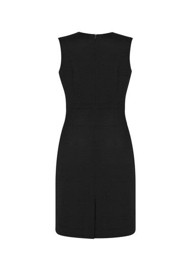 A black sleeveless V-neck dress with a fitted design and a back zip closure. It features a small vent at the bottom.