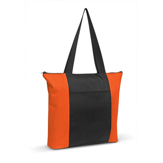 Avenue Tote Bag featuring a black body with orange side panels and long black handles. Includes a logo.
