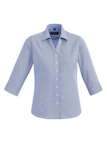 A light blue, 3/4 sleeve button-up shirt with a collar and a logo on the chest.