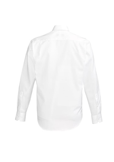 A white long sleeve button-up shirt with a collar and a logo on the back.