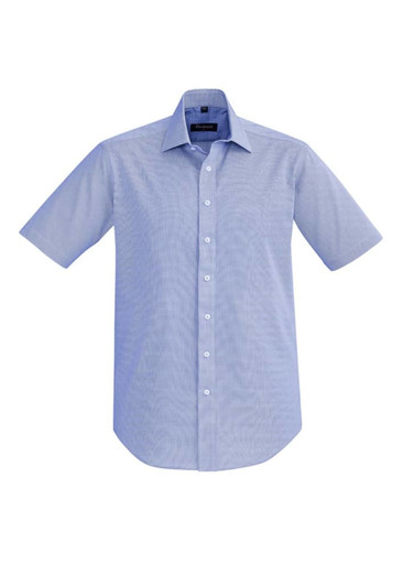 A light blue short sleeve button-up shirt with a collar and a logo on the chest.
