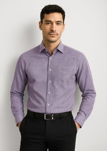 A men's long sleeve button-up shirt in purple with a pocket and a logo, worn by a model against a neutral background.