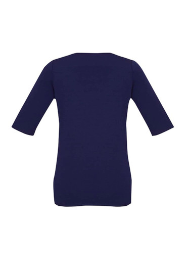 A navy blue women's T-shirt with short sleeves and a fitted design. It features a branding logo on the back.