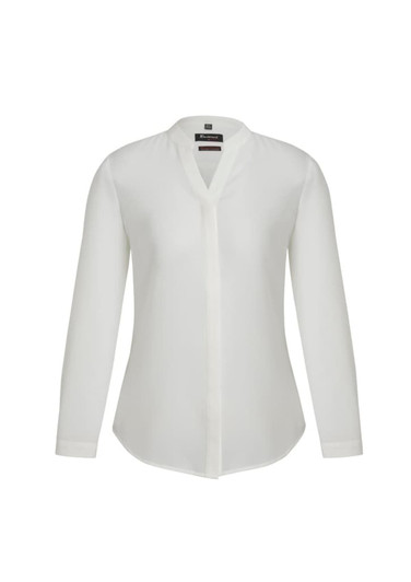 A white women's long sleeve blouse with a button-up front and a collar, featuring a brand logo.