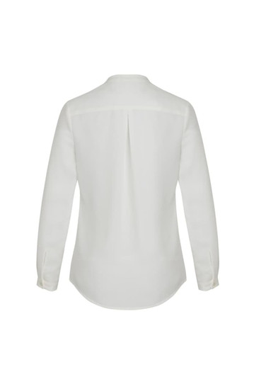 A white long sleeve blouse with a button-up design and back pleat detail. The blouse features a collar and cuffs.