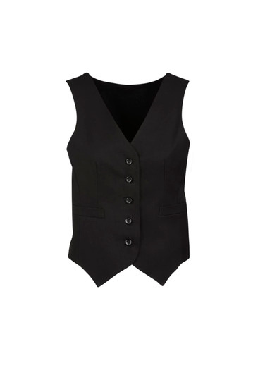A black women's peaked vest with a button front and two side pockets, featuring a logo.