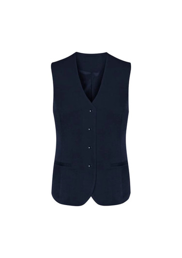 A navy vest featuring a button front and two pockets, designed for women's workwear. It includes a logo.
