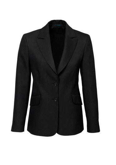 A black longline jacket with a notched lapel, two-button front, and two pockets. Features a logo on the inner label.