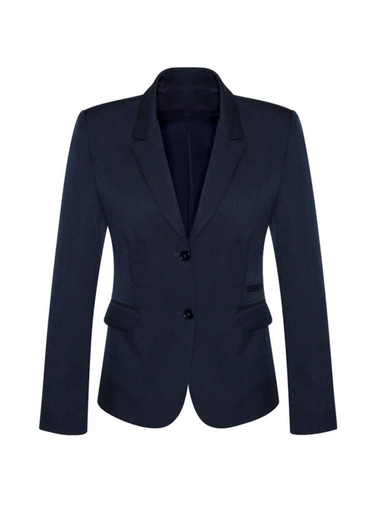 A navy women's mid-length jacket with a two-button closure and a fitted silhouette. Features a branded logo.