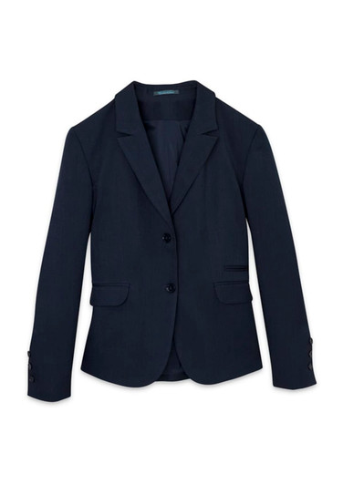 A navy blue mid-length women's jacket with a two-button design and front pockets, featuring a logo.
