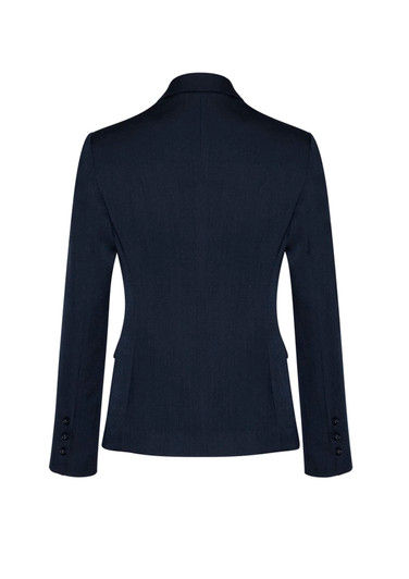 A dark navy mid-length women's blazer with a two-button closure and long sleeves, featuring a logo.