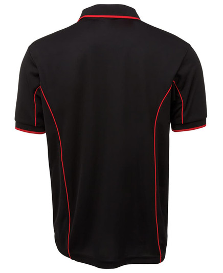 A black polo shirt with red piping detailing and a logo on the chest.