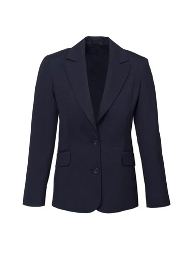 A navy women's comfort wool stretch longline jacket with a classic lapel and two front pockets.