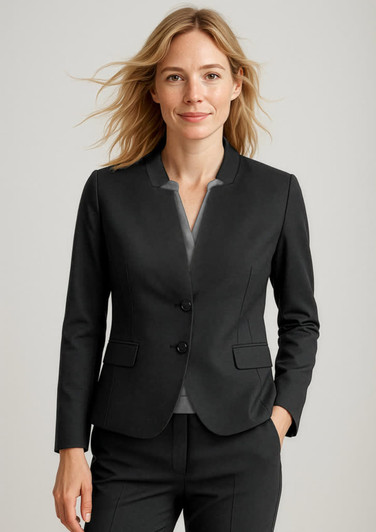 A black women's short jacket with a reverse lapel design, featuring a fitted silhouette and two front buttons.