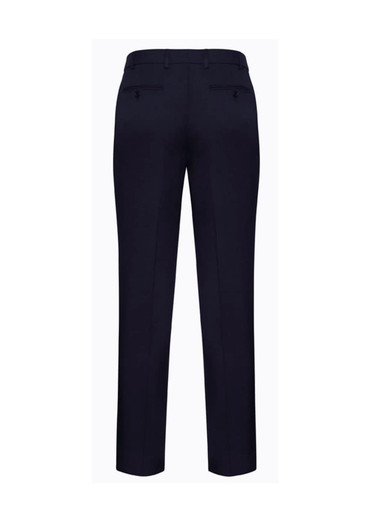 Navy men's slimline pants with back pockets and a logo. Ideal for casual or business wear.