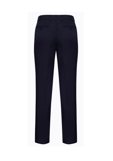 A pair of slimline pants in dark navy, featuring back pockets and a sleek design. Brand logo is visible.
