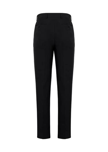 A pair of black slim fit flat front pants with a tailored design, featuring rear pockets.