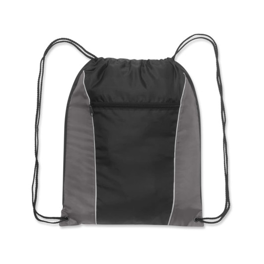 A drawstring backpack in black and gray with a front zippered pocket and adjustable straps.