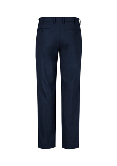 A pair of navy men's comfort wool stretch adjustable waist pants, featuring a tailored back and pockets.