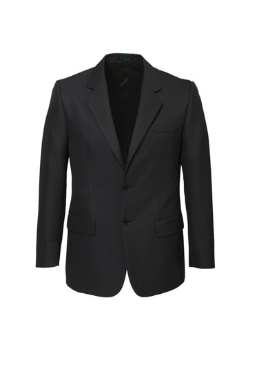 A black men's classic blazer featuring a two-button closure and a single chest pocket.