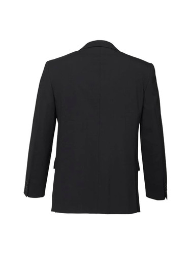 A black men's comfort wool stretch jacket featuring a classic two-button design and a rear view.