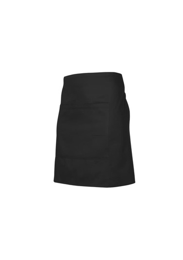 A black short waisted apron featuring a front pocket, designed for workwear use. It has a simple, sleek design.