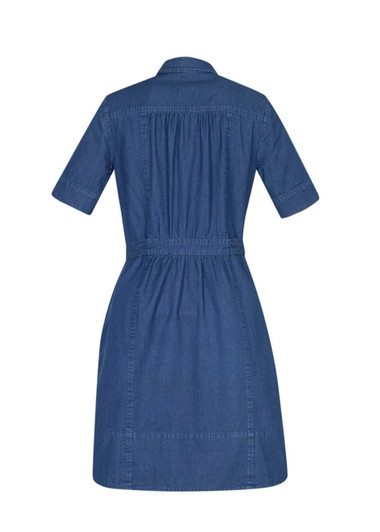 A denim dress with short sleeves and a gathered waist, featuring a collar and a branding logo.