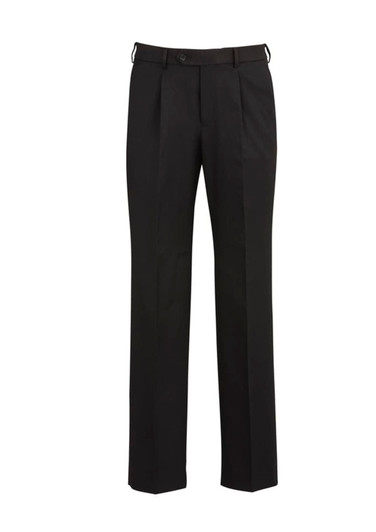 A pair of black slacks featuring a straight-leg design and a waistband with loops for a belt.