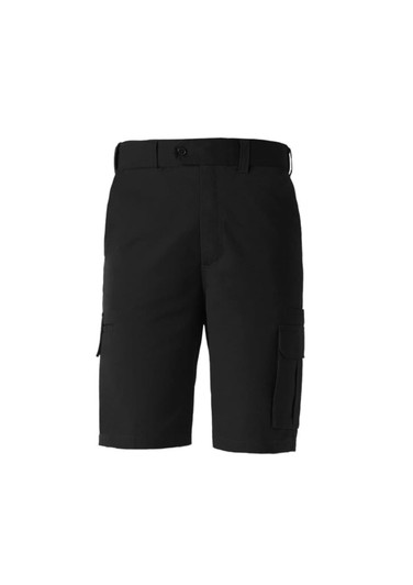 Black dress shorts with side pockets and a waistband. The shorts feature a logo.
