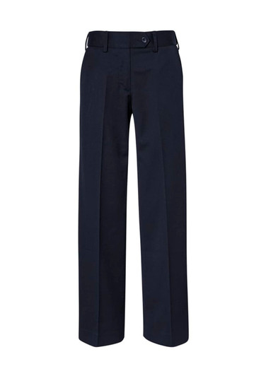 A pair of dark navy women's pants with a straight fit, featuring a waistband and button closure.