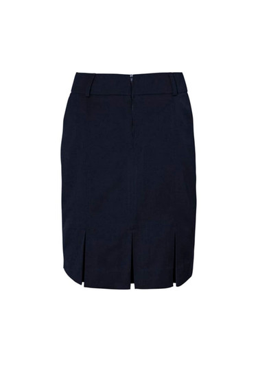 A dark navy pencil skirt featuring a back zip and a pleated design at the hem. It includes a branding logo.