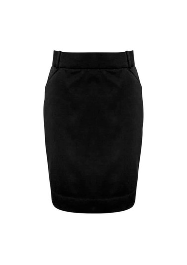 A black women's skirt with a tailored design, featuring pockets and a waistband. Contains a logo.