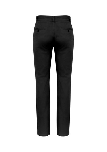 A pair of men's chino pants in black, featuring a back view with two pockets and a subtle branding element.